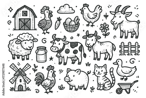 Farm animals doodle illustration with barn and windmill