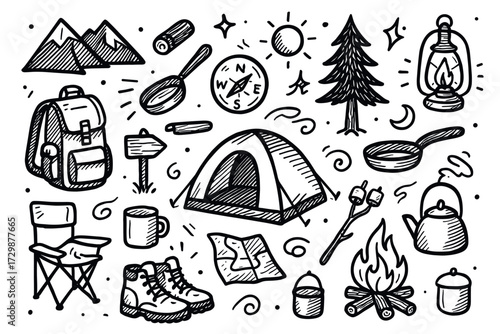 Hand-drawn outdoor camping elements: tent, compass, lantern, bonfire, hiking boots