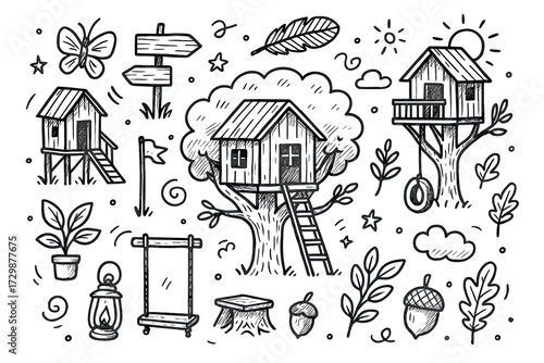 Hand-drawn treehouse collection with swings and nature elements in black and white