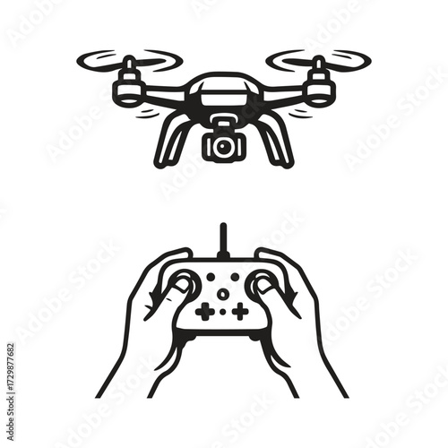 black and white Vector illustration of a drone flying above and hands holding a remote control