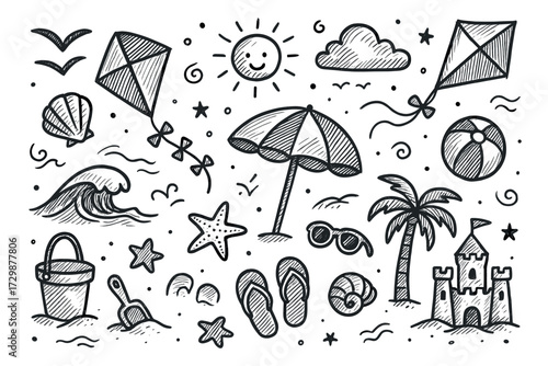 Hand-drawn beach doodles: umbrella, kite, palm tree, waves, castle, and summer elements