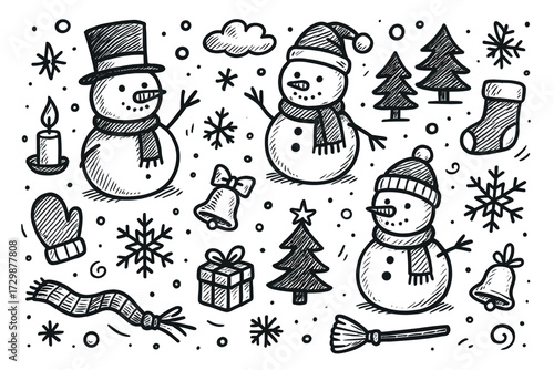 Festive winter sketch: snowmen, trees, and holiday symbols in black and white