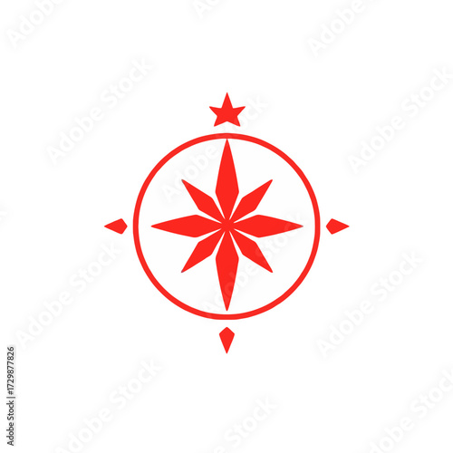 Red compass rose design with eight points inside a circle, topped with a star, on a white background.