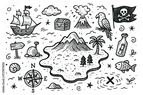 Pirate treasure map with ship, island, and sea adventure elements