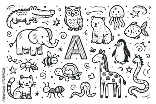 Whimsical black and white animal doodles with alphabet letter a
