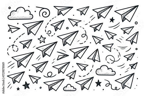 Sketch of paper airplanes and clouds in flight pattern