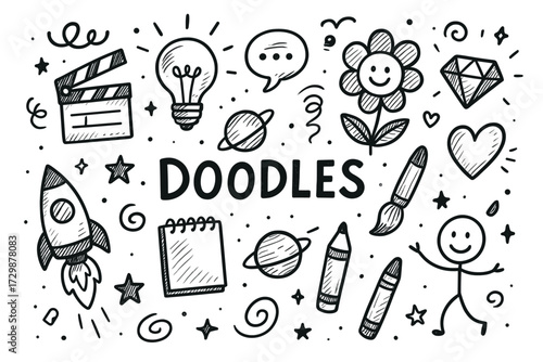 Playful doodles: creative elements with rocket, light bulb, and flower