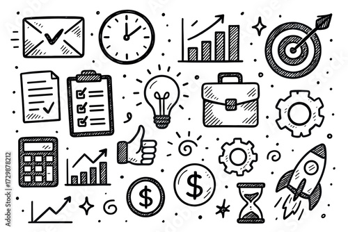 Doodle style business icons: light bulb, graph, and rocket elements
