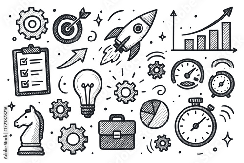 Hand-drawn business icons: strategy, growth, and innovation doodles
