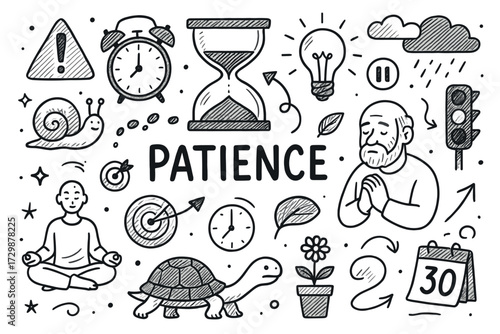 Patience concept illustration with tortoise, snail, meditation, and hourglass doodles