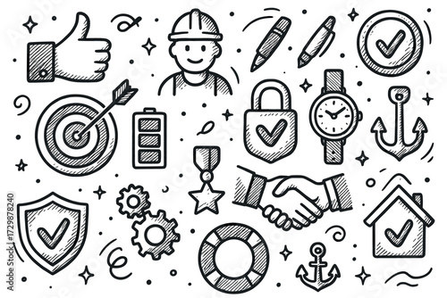 Hand-drawn business icons with worker, target, shield, and more