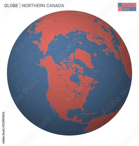 Vector Globe centered to Northern Canada. Slate Blue Coral palette. World map with meridians, parallels, countries, rivers and lakes. Appealing vector illustration.