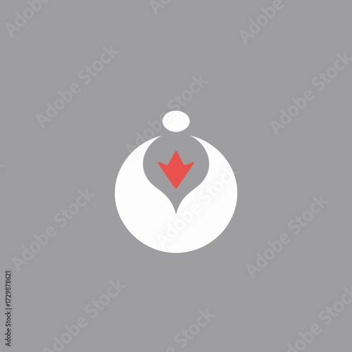 Abstract design featuring a white circle, a smaller white circle above, and a red downward-pointing arrow within the main circle.