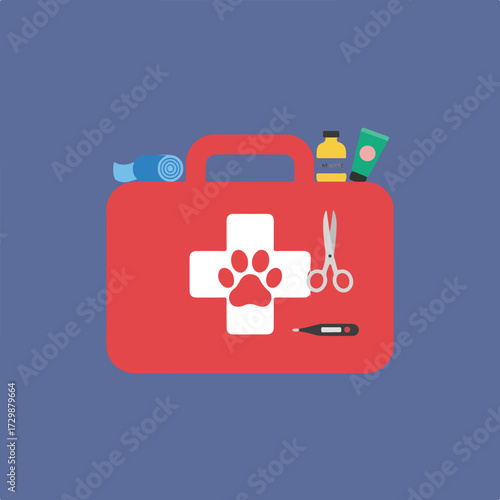 A red first aid kit for pets with a white cross with a paw print in the middle and other veterinary care supplies, placed on a light blue background.