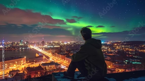 Man Sits Overlooking Cityscape Under Aurora Borealis at Night