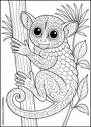 Tarsier Zentangle Coloring Page — Climbing Primate Line Art (Vector)