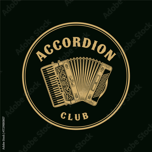 A vintage gold logo for an Accordion Club featuring a detailed illustration of the instrument on a dark background.