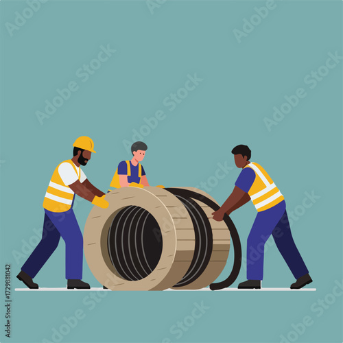 Three workers wearing vests are pushing a large wooden cable spool to the left on a white line on a light blue background.
