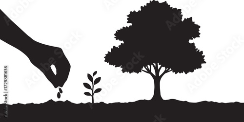 From tiny seed to mighty tree, a silhouette illustration representing the concept of growth, development, and long-term investment