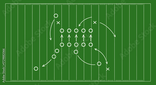 An overhead view of an American football field illustrates a complex strategic play diagram, perfect for showcasing game plans and tactical formations.
