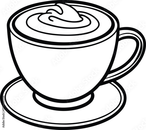 cup of cappuccino with foam art line art on transparent background