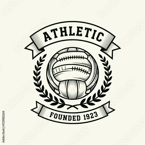 Vintage athletic sports emblem with a retro leather ball, laurel wreath, and banners.