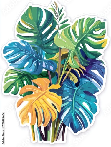 Sticker, cheerful cartoon monstera leave in a magical vibrant garden, white background 