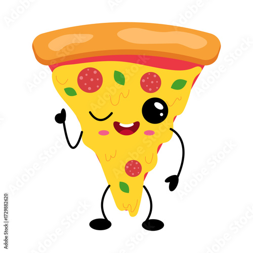 Cute kawaii pizza slice character winking