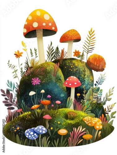 Sticker, cheerful cartoon mushrooms in a magical vibrant garden, white background
