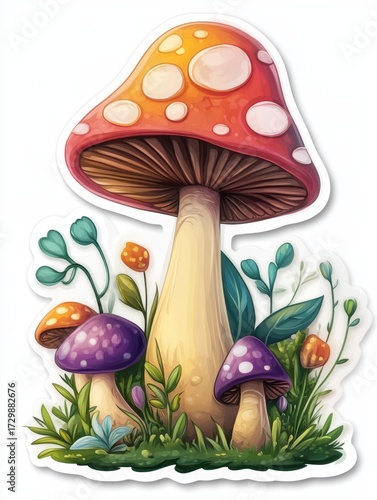 Sticker, cheerful cartoon mushrooms in a magical vibrant garden, white background