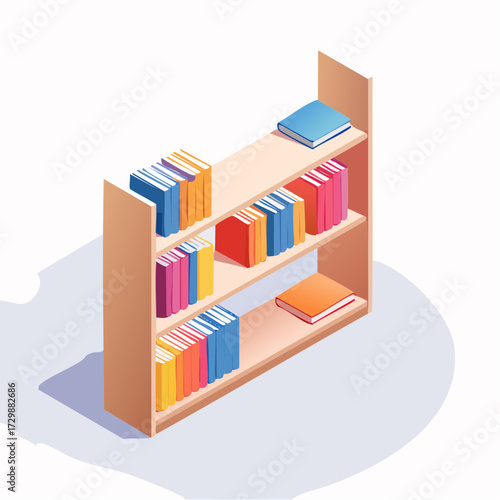Isometric vector illustration of a wooden bookshelf with three shelves filled with colorful books.
