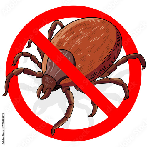 Prohibitory sign, ixodidae tick insect crossed out by a red line. Stop tick danger warning sign. Parasite prevention concept for health and safety. For labeling insecticides