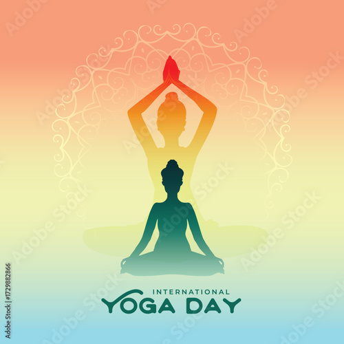 colorful yoga day background with meditation and other yoga pose