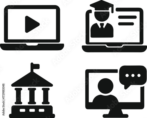 Black icons representing online education, virtual graduation, e-learning platforms, university building, and digital classroom communication in vector style