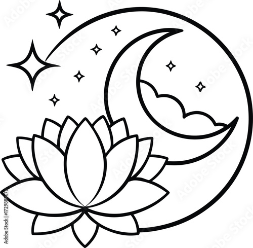 dream moon and lotus combo line art on transparent background