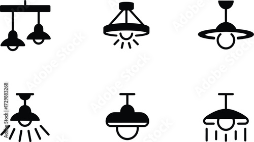 Collection of six black and white ceiling light fixture icons