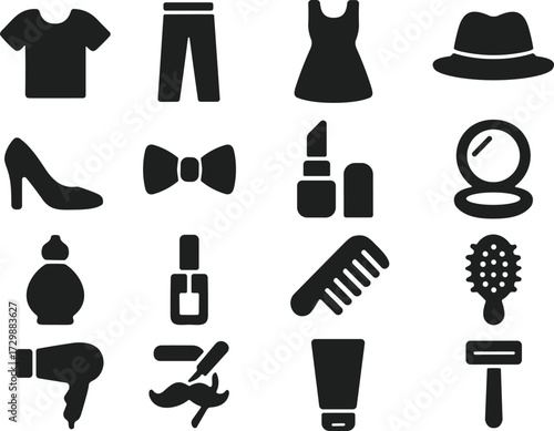 Black silhouette icons of fashion and grooming items including clothing, makeup, hair tools, and accessories in vector style set