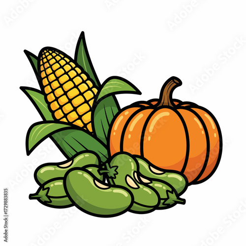 Cartoon Corn Pumpkin and Lima Beans A Harvest Bounty Illustration.