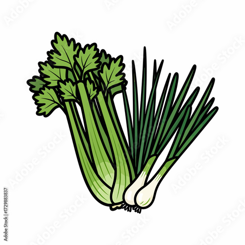 Cartoon Celery and Scallions Fresh Green Vegetables with Bold Outlines.