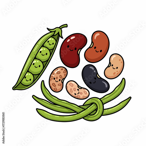 Cartoon Podded Peas and Beans with Smiling Faces and Tied Green Beans.