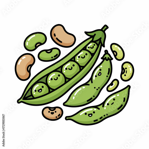Cartoon Pods and Beans with Smiling Faces Outlined in Black on a Transparent Backdrop.