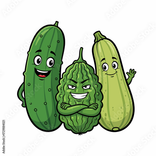 Cartoon Vegetables Smiling Cucumber Angry Bitter Melon and Waving Zucchini.