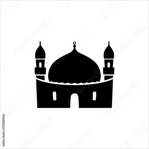 Cute Mosque with Heart-Shaped Dome and Date Palm Tree, Minimal Black Silhouette
