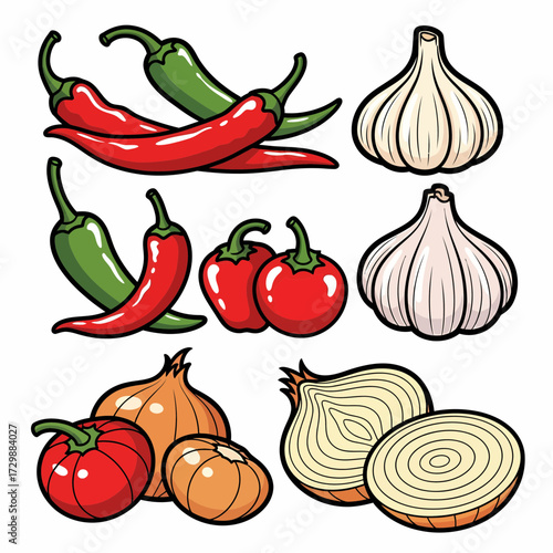 Cartoon Vegetables Red and Green Chili Peppers Garlic Bulbs and Yellow Onions.