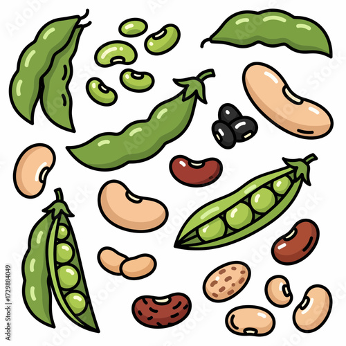 Cartoonish Assortment of Colorful Beans and Pods with Black Outline.