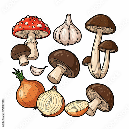 Cartoonish Assortment of Fungi Garlic and Onions with Bold Outlines.