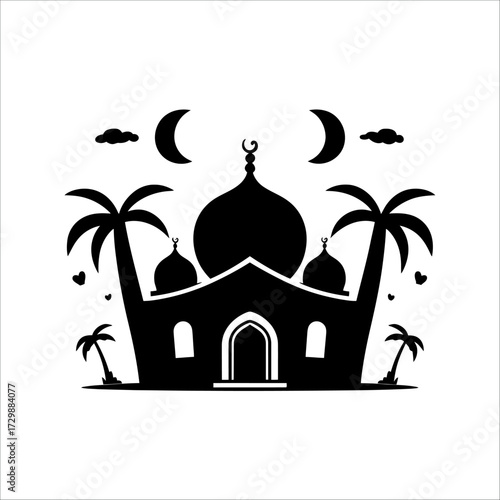 Cute Mosque with Heart-Shaped Dome and Date Palm Tree, Minimal Black Silhouette