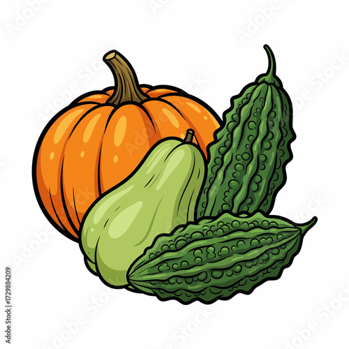 Cartoonish Still Life of Pumpkin Chayote Squash and Bitter Melons.