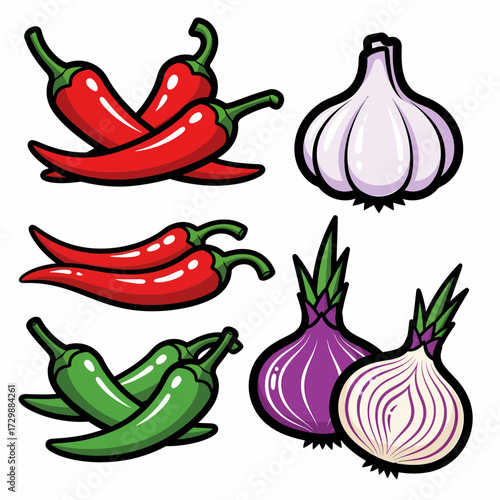 CartoonStyle Red and Green Chili Peppers Garlic and Purple Onion Arrangement.