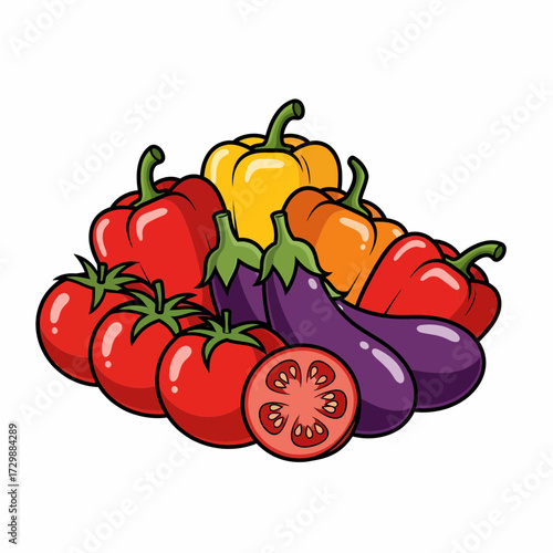 CartoonStyle Still Life of Tomatoes Peppers and Eggplants with Bold Outlines.